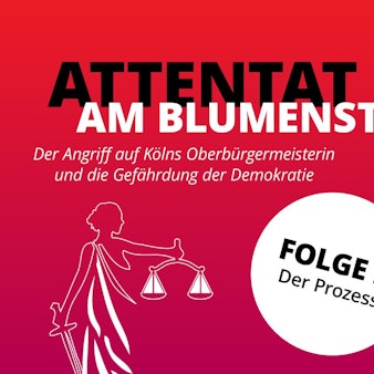 Illustration: Grafik zur zweiten Podcast-Folge, Justitia neben Gefängnisgittern