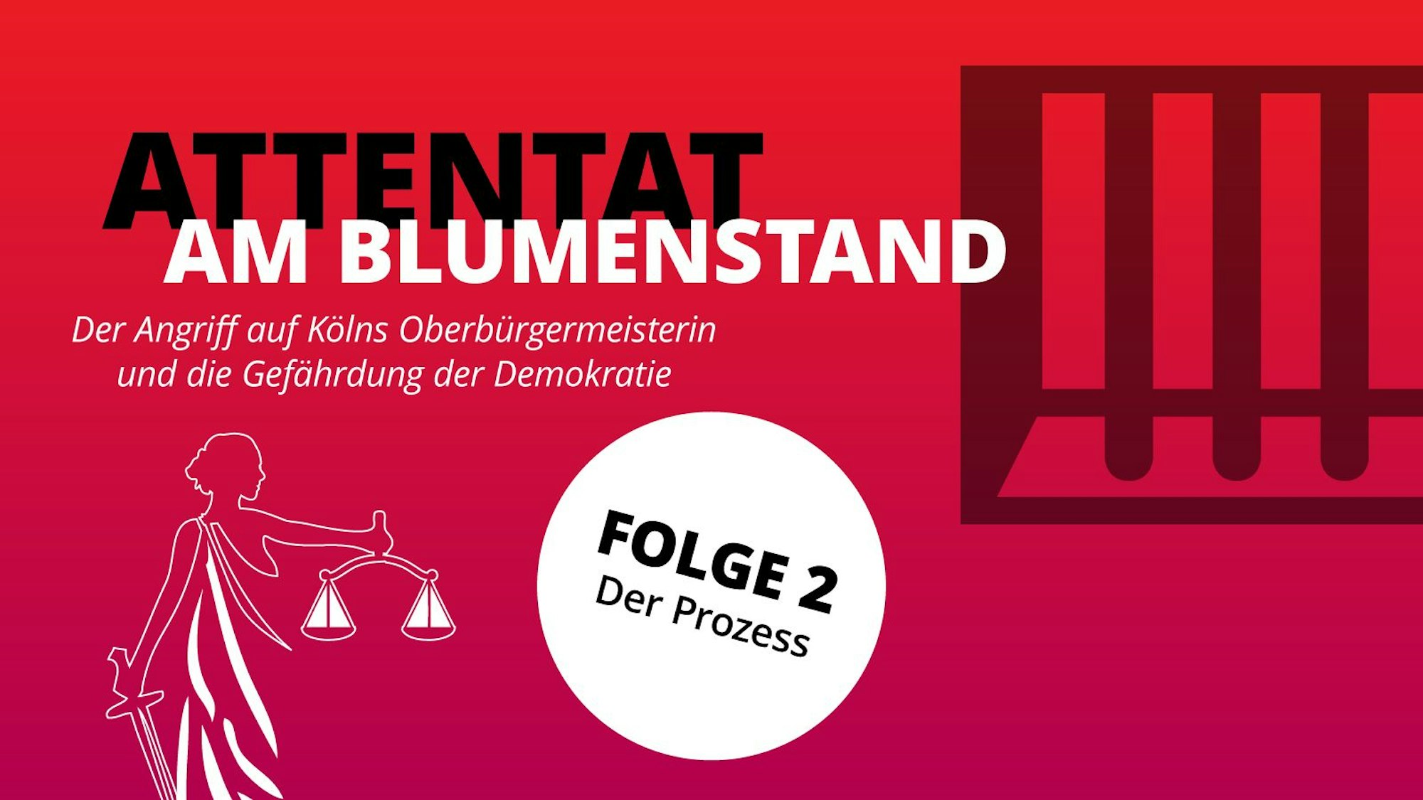 Illustration: Grafik zur zweiten Podcast-Folge, Justitia neben Gefängnisgittern