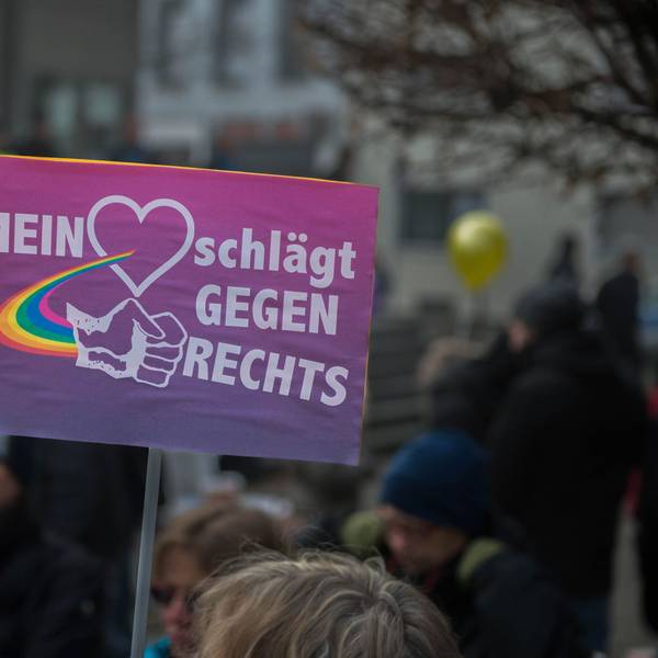 Das Bild zeigt ein Plakat während einer Demo gegen die AfD in Euskirchen.