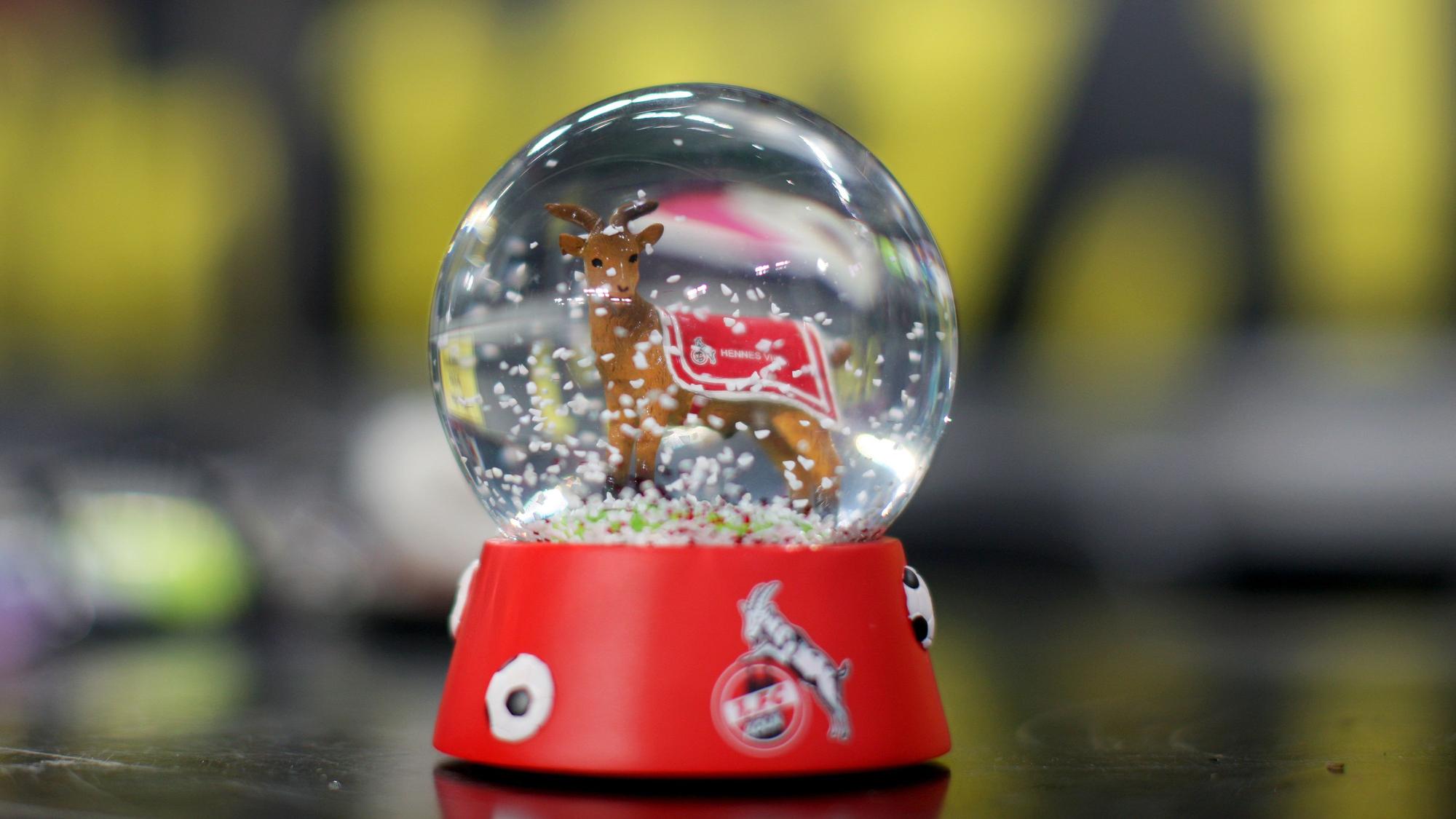 Eine Schneekugel mit dem Vereinslogo des 1. FC Köln und Maskottchen Hennes im Inneren.