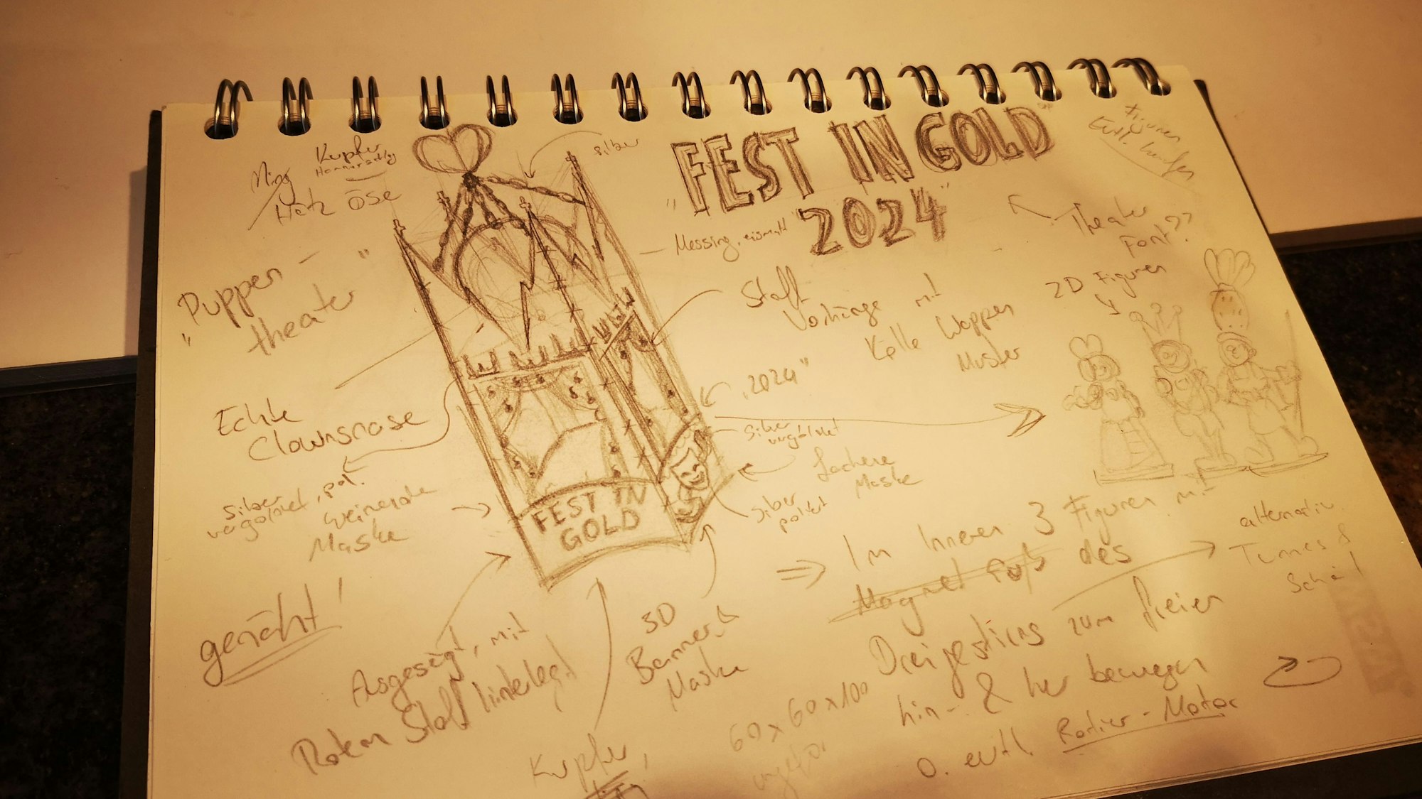 In einem Notizbuch stehen Bleistiftskizzen des ersten Ordens-Entwurfs sowie Notizen zur möglichen Gestaltung.