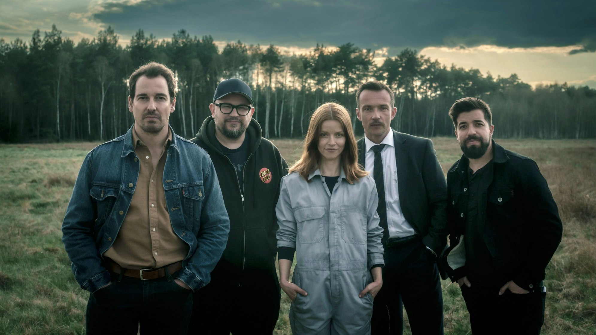 Felix Kramer, Regisseur Christian Alvart, Karoline Schuch, Lucas Gregorowicz, Regisseur Adolfo J. Kolmerer (v. l.) bei den Dreharbeiten zu „Oderbruch“.