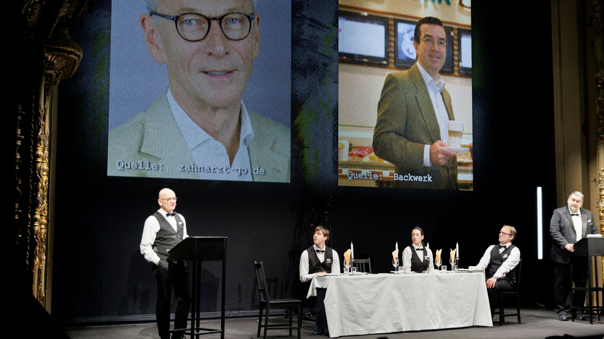 17.01.2024, Berlin: Die Schauspieler Veit Schubert (l-r), Max Gindorf, Constanze Becker, Oliver Kraushaar, Andreas Beck, spielen bei einer szenischen Lesung auf der Bühne des Berliner Ensembles weitere Details zu einem Treffen von AfD-Politikern, Rechtsextremisten und Unternehmern.