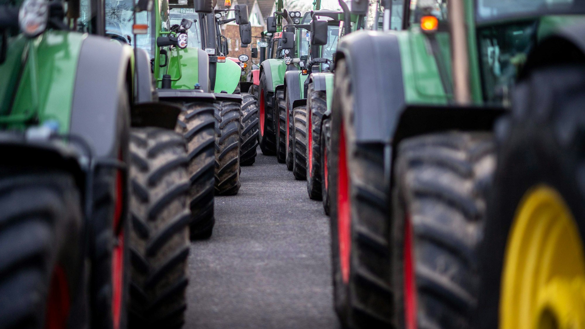 Das Foto zeigt eine Reihe von Traktoren während der Demofahrten am 8. Januar im Kreis Euskirchen.