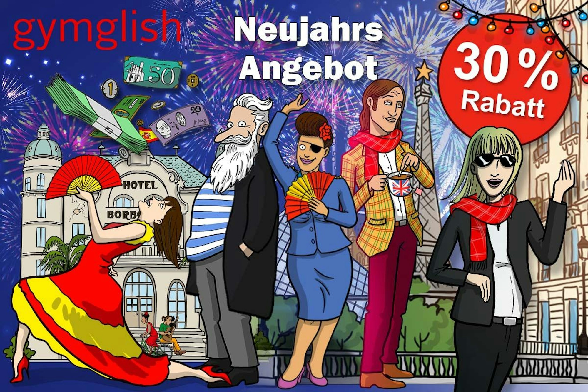 Gymglish Comic Charaktere stehen zusammen vor Bauwerken wie dem Eiffelturm im Hintergrund. Am Himmel ist Feuerwerk zu sehen und das Gymglish Logo.