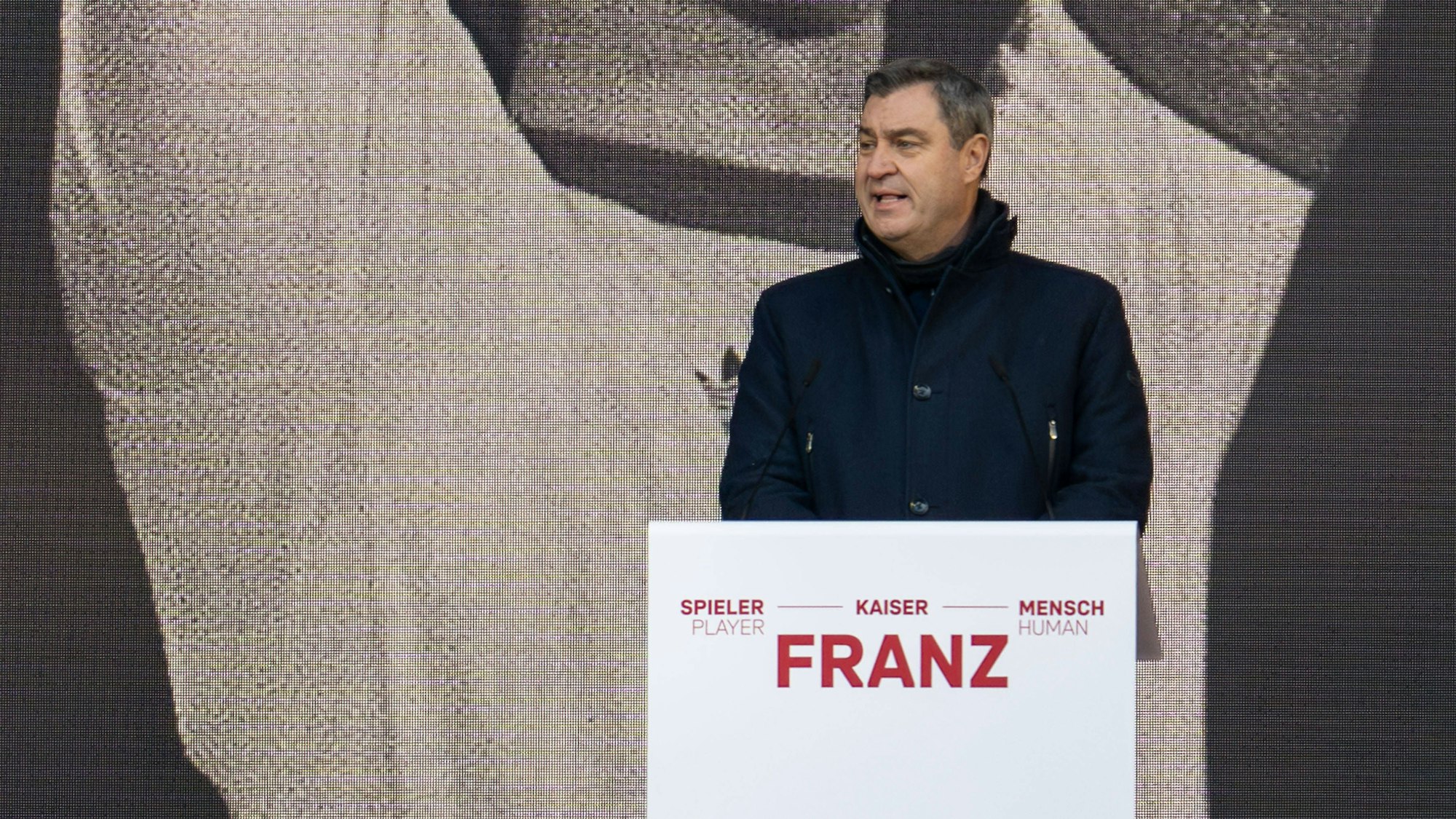 Bayerns Ministerpräsident Markus Söder CSU sprach auf der Gedenkfeier von Franz Beckenbauer über dessen Bedeutung.