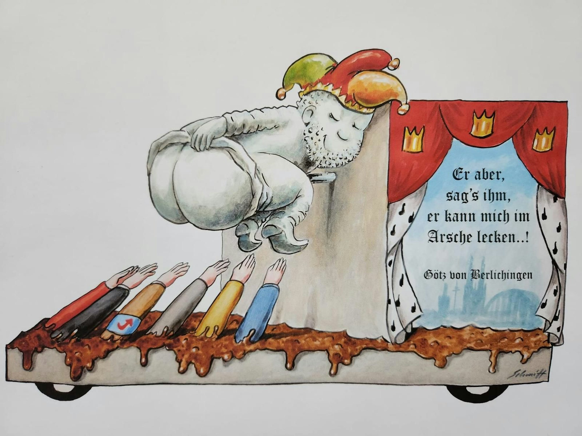 Der Persiflagewagen sollte eigentlich erst an Rosenmontag der Öffentlichkeit gezeigt werden.