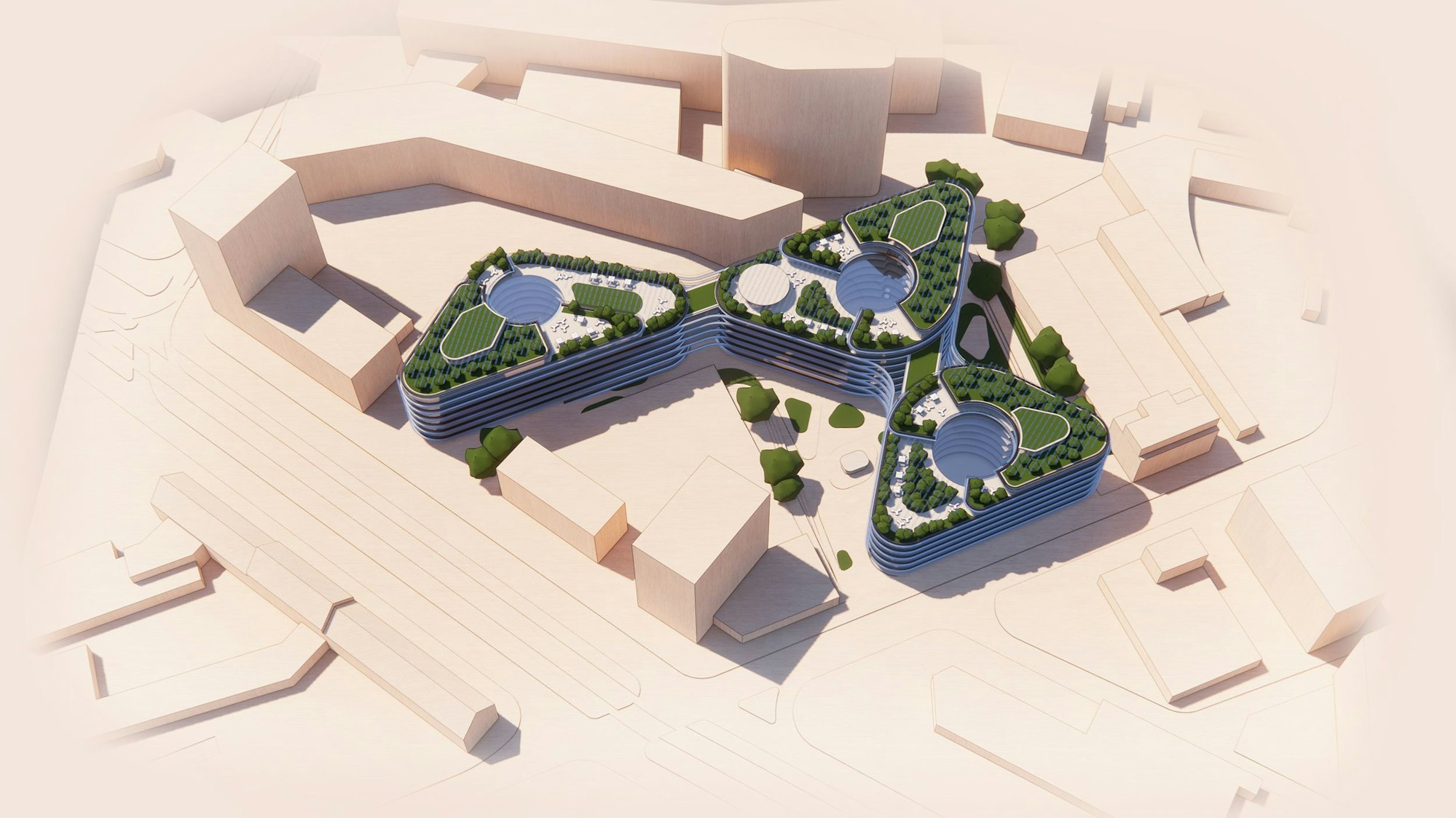 Das Modell von drei mehrgeschossigen miteinander verbundenen Büro-Gebäuden ist zu sehen.