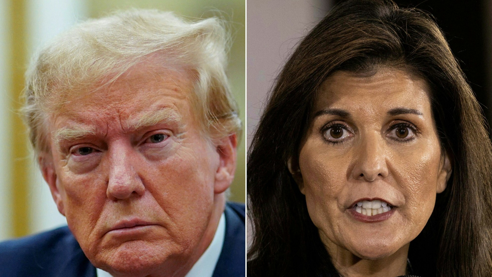 In Nahaufnahmen werden die Gesichter von dem ehemaligen US-Präsidenten Donald Trump und der früheren UN-Botschafterin Nikki Haley gezeigt.