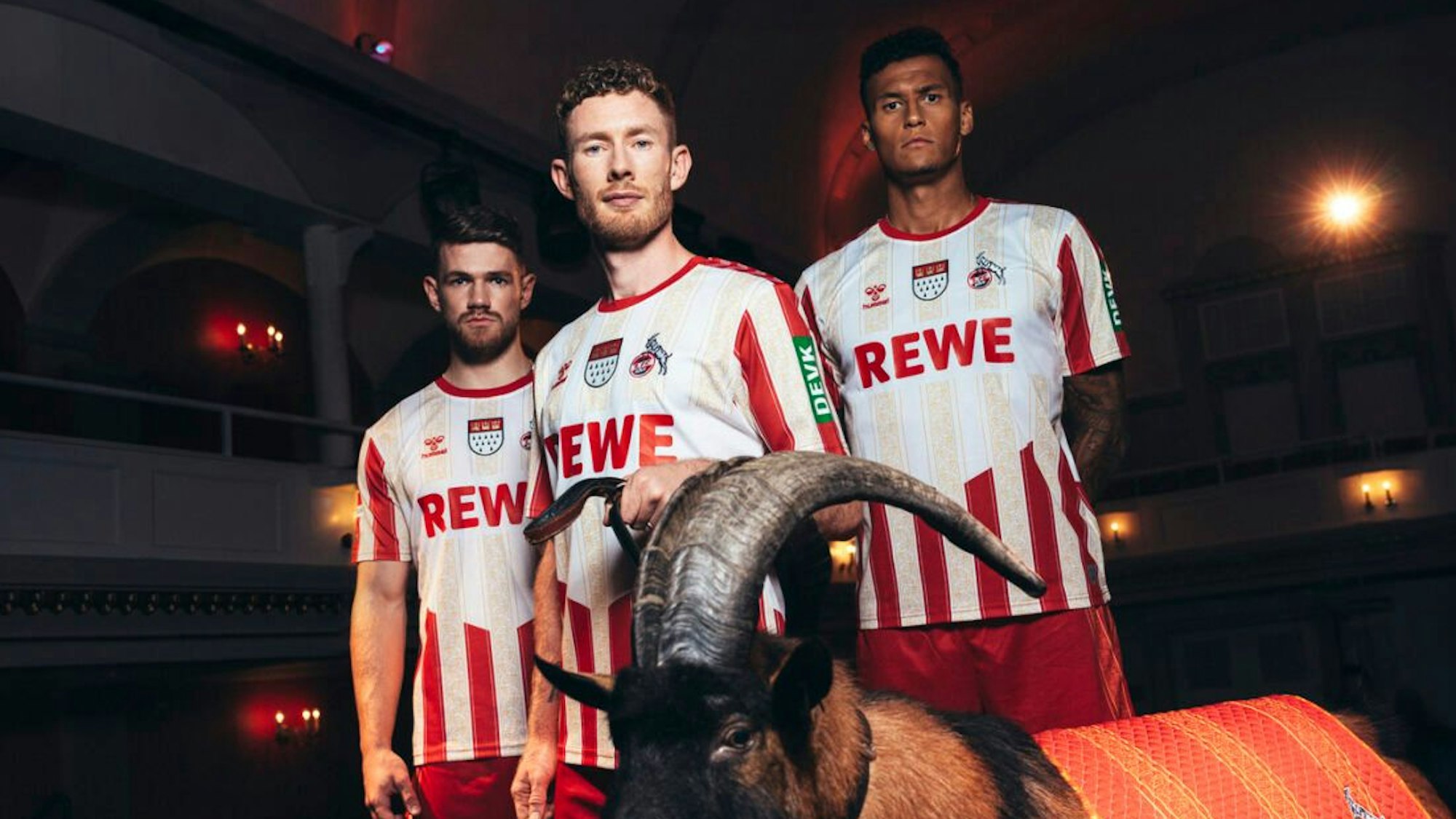 Jan Thielmann (v.l.), Florian Kainz (M.) und Davie Selke vom 1. FC Köln posieren mit Geißbock Hennes.