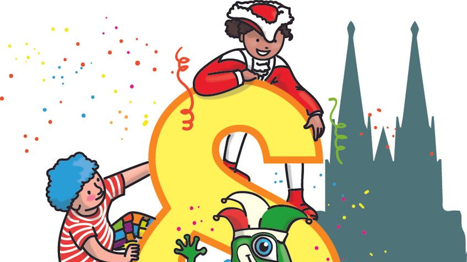 Die Illustration zeigt einen Paragrafen, auf dem verkleidete Kinder herum Klettern, im Hintergrund ist der Kölner Dom zu sehen.