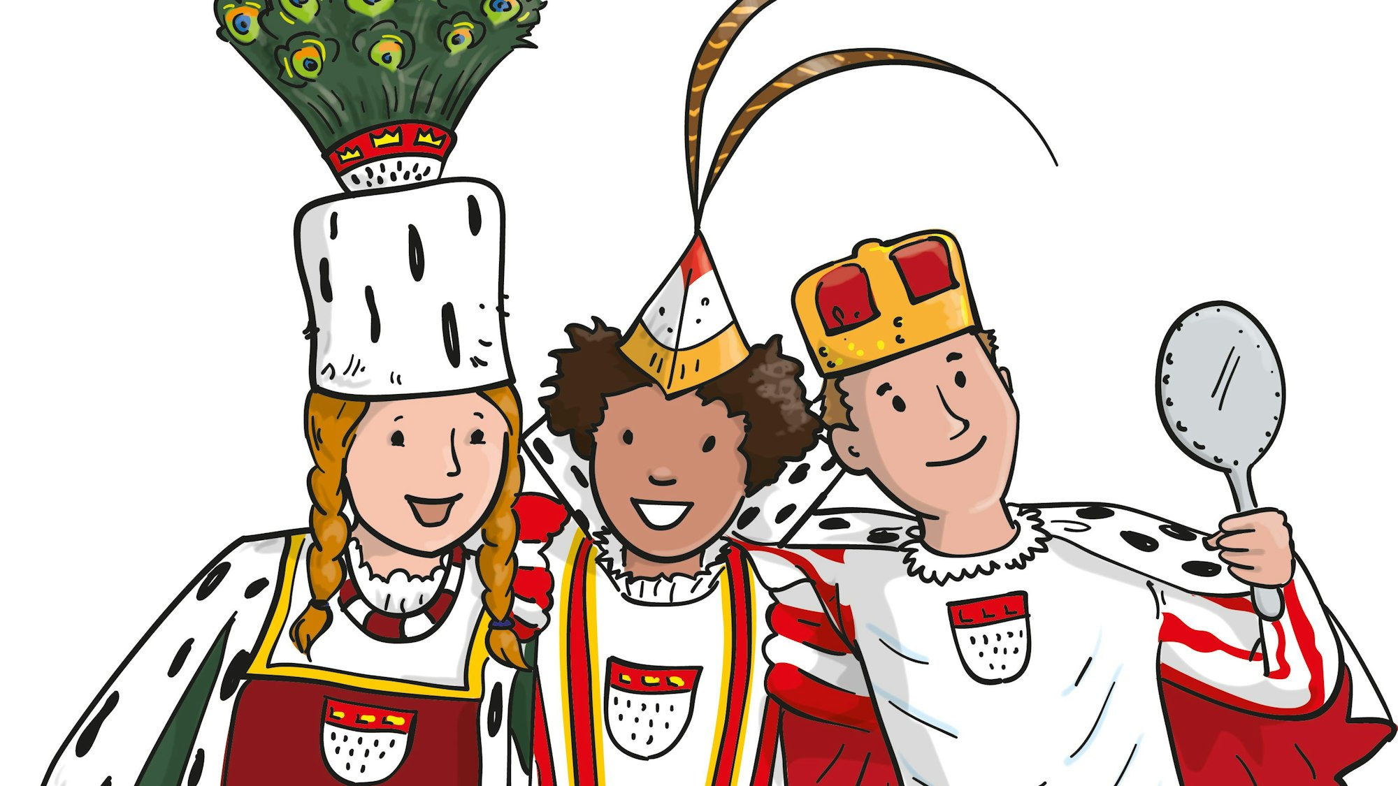 Die Zeichnung zeigt ein Kinderdreigestirn mit einem Mädchen als Prinzessin