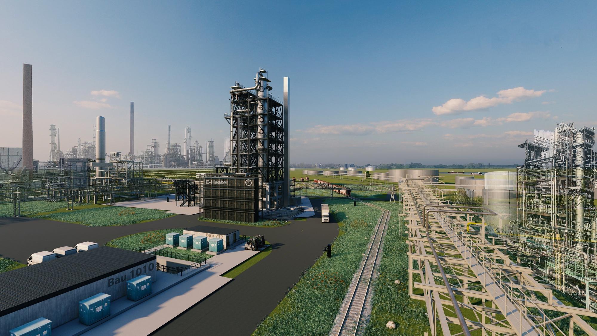 Shell-Grundöl-Projekt. Der Cracker im Zentrum der Werksanlage in Wesseling ist ist 50 Meter hoch. Animtion.