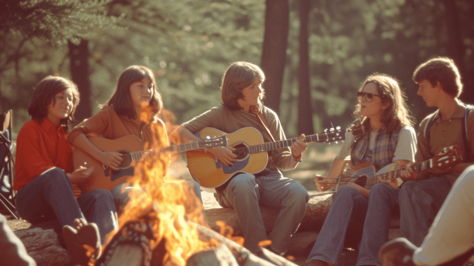 Teenager singen am Lagerfeuer zur Gitarre