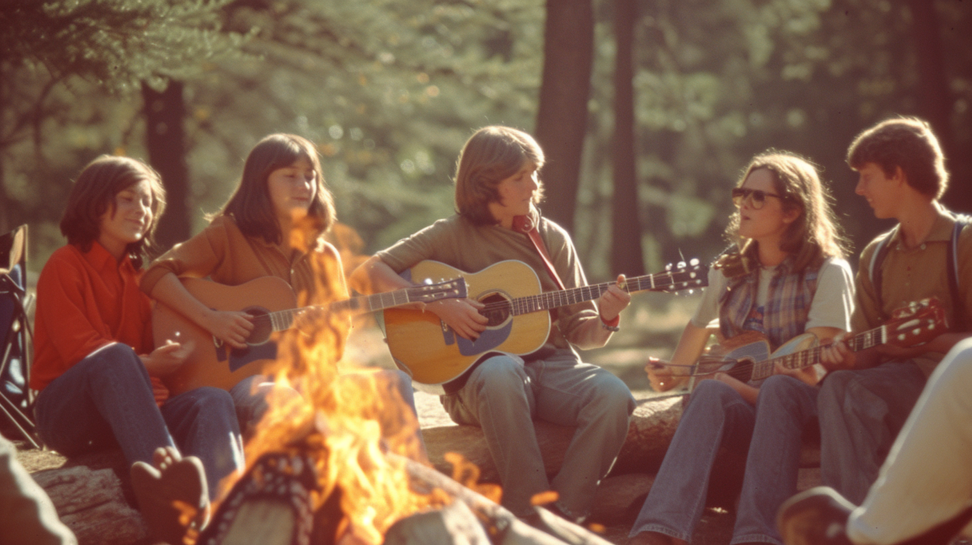 Teenager singen am Lagerfeuer zur Gitarre