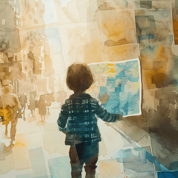 Illustration: Ein Kind schaut in eine Straßenkarte