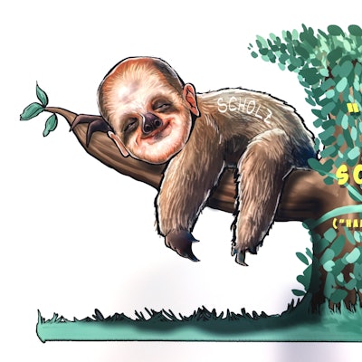 So wird Bundeskanzler Olaf Scholz im Kölner Rosenmontagszug dargestellt.