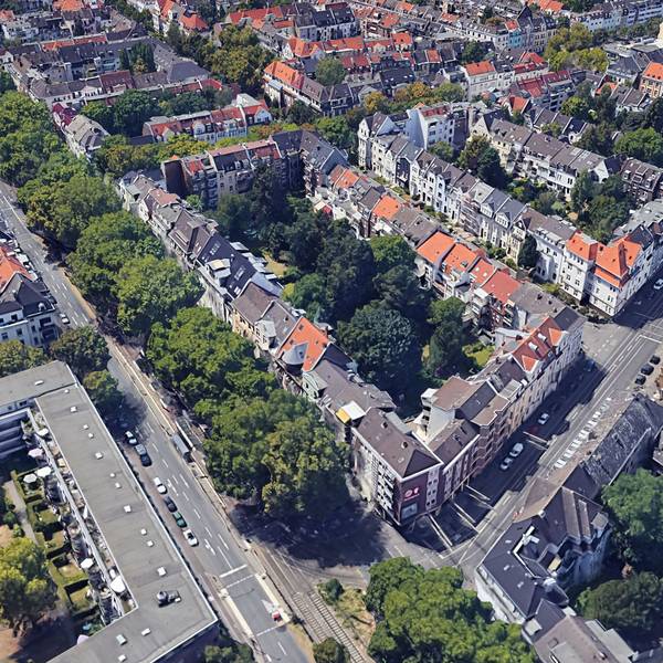 Der Ehrenfeldgürtel (links im Bild) und die Nußbaumer Straße (rechts) auf einer 3D-Ansicht, die aus Google Earth generiert wurde. Foto: Google Earth/Image Landssat/Copernicus