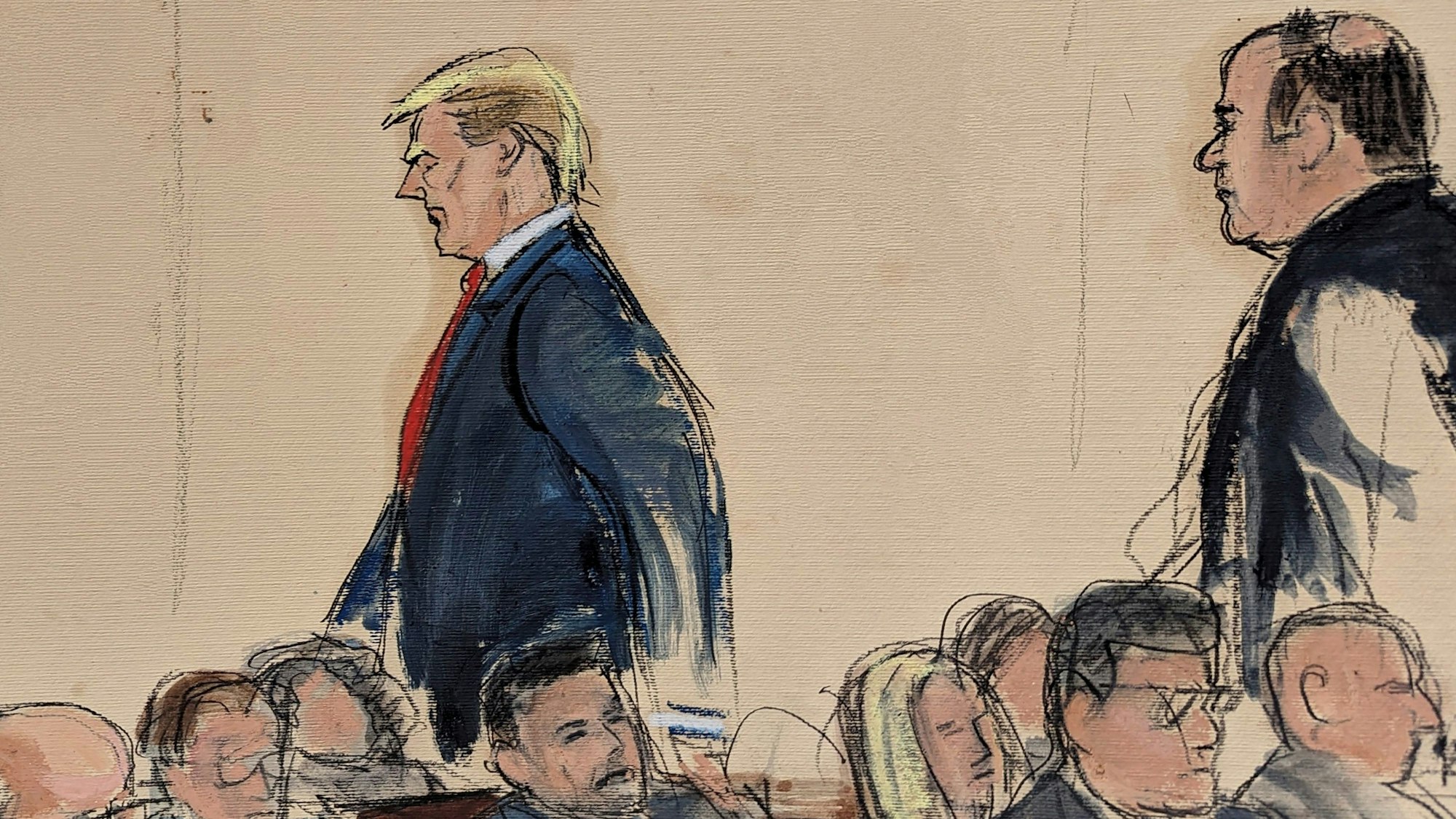 Diese Gerichtssaal-Skizze zeigt, wie der ehemalige Präsidenten Donald Trump (l) gefolgt von seinem Rechtsbeistand Boris Epshteyn den Gerichtssaal verlässt.