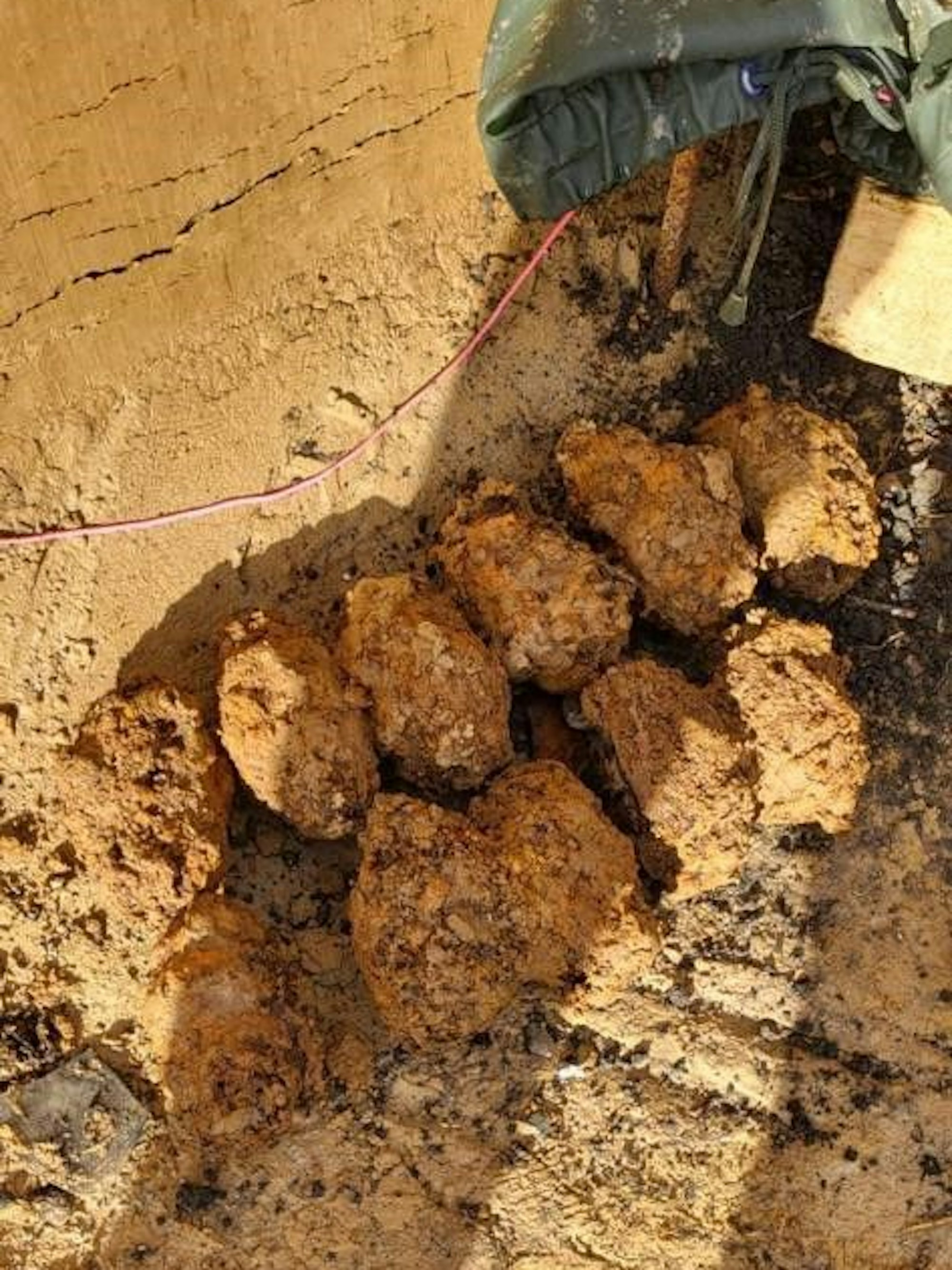 Das Bild zeigt elf Handgranaten in der Baugrube.