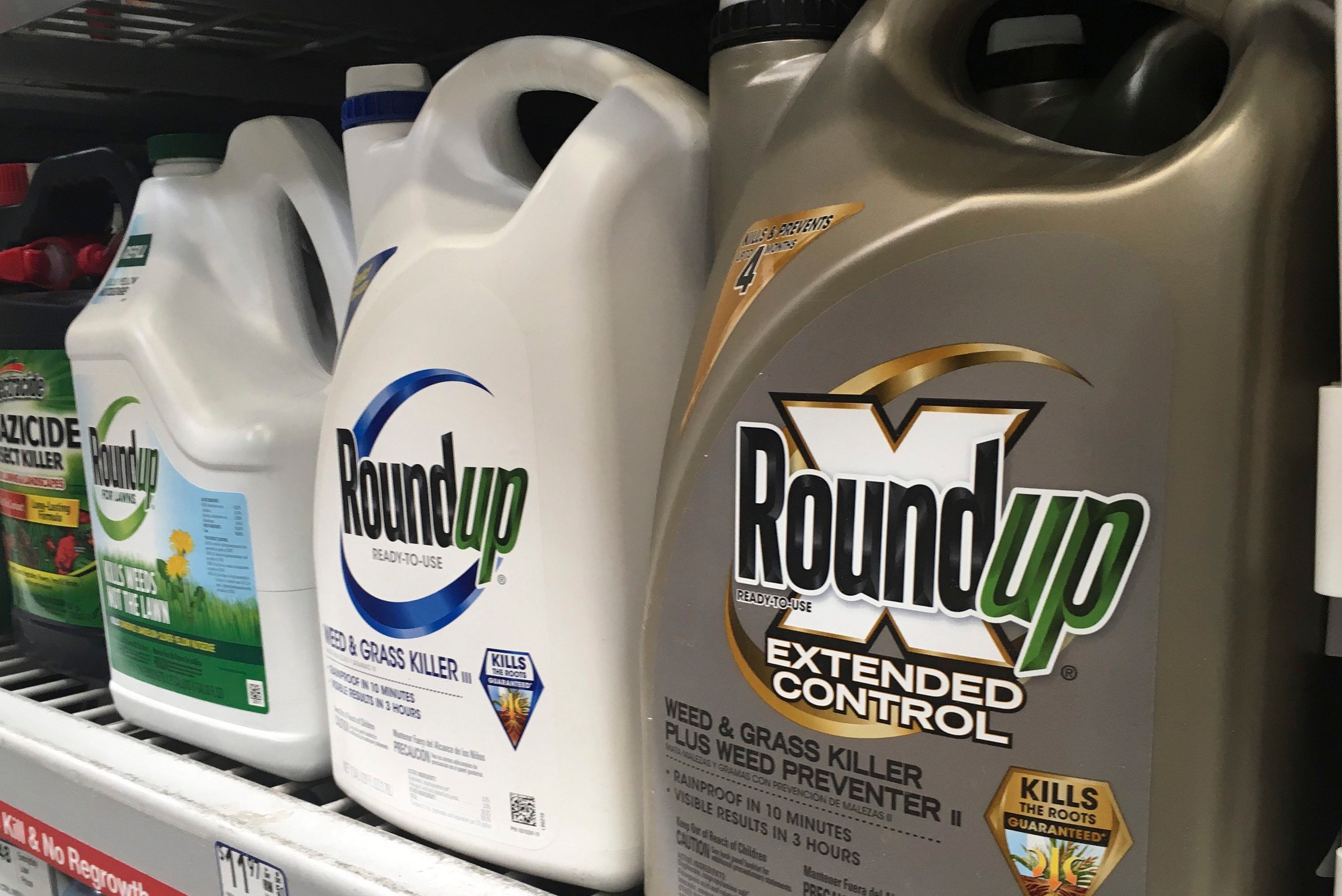 ARCHIV - 23.02.2019, USA, San Francisco: Kanister mit Roundup stehen in einem Ladenregal in San Francisco. (Illustration zu "US-Geschworene sprechen Glyphosat-Kläger 2,2 Milliarden Dollar zu") Foto: Haven Daley/AP/dpa +++ dpa-Bildfunk +++