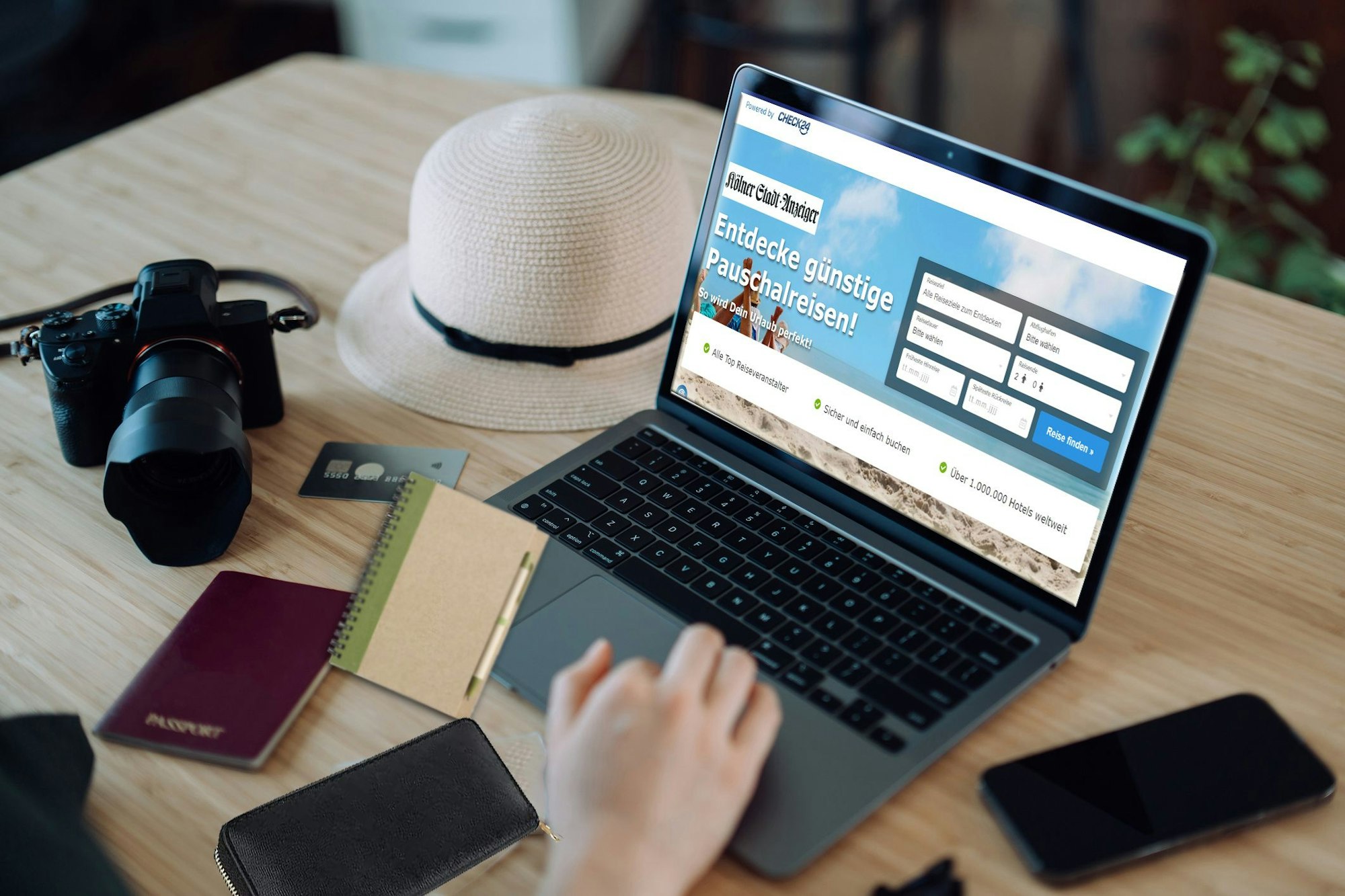Cropped hand of woman shopping online for flight tickets on airline website with laptop. Carried out Coronavirus rapid self test, negative rapid lateral flow test device and travel essentials on table. Planning for travel. Travel during pandemic concept