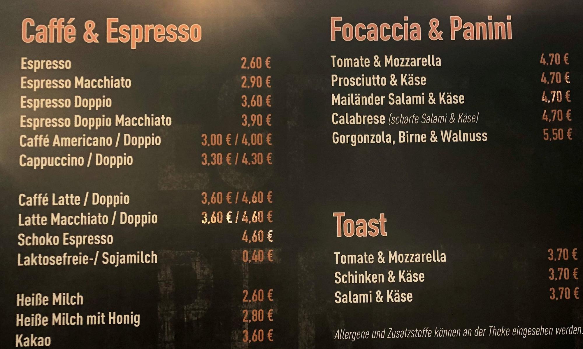 Preistafel im Espresso Perfetto