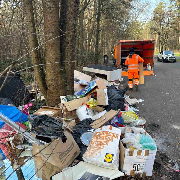 Ein Mitarbeiter des Bauhofes der Stadt Troisdorf lädt den am Mauspfad in den Wahner Heide illegal abgekippten Sperrmüll in einen Lieferwagen.
