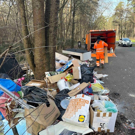 Ein Mitarbeiter des Bauhofes der Stadt Troisdorf lädt den am Mauspfad in den Wahner Heide illegal abgekippten Sperrmüll in einen Lieferwagen.