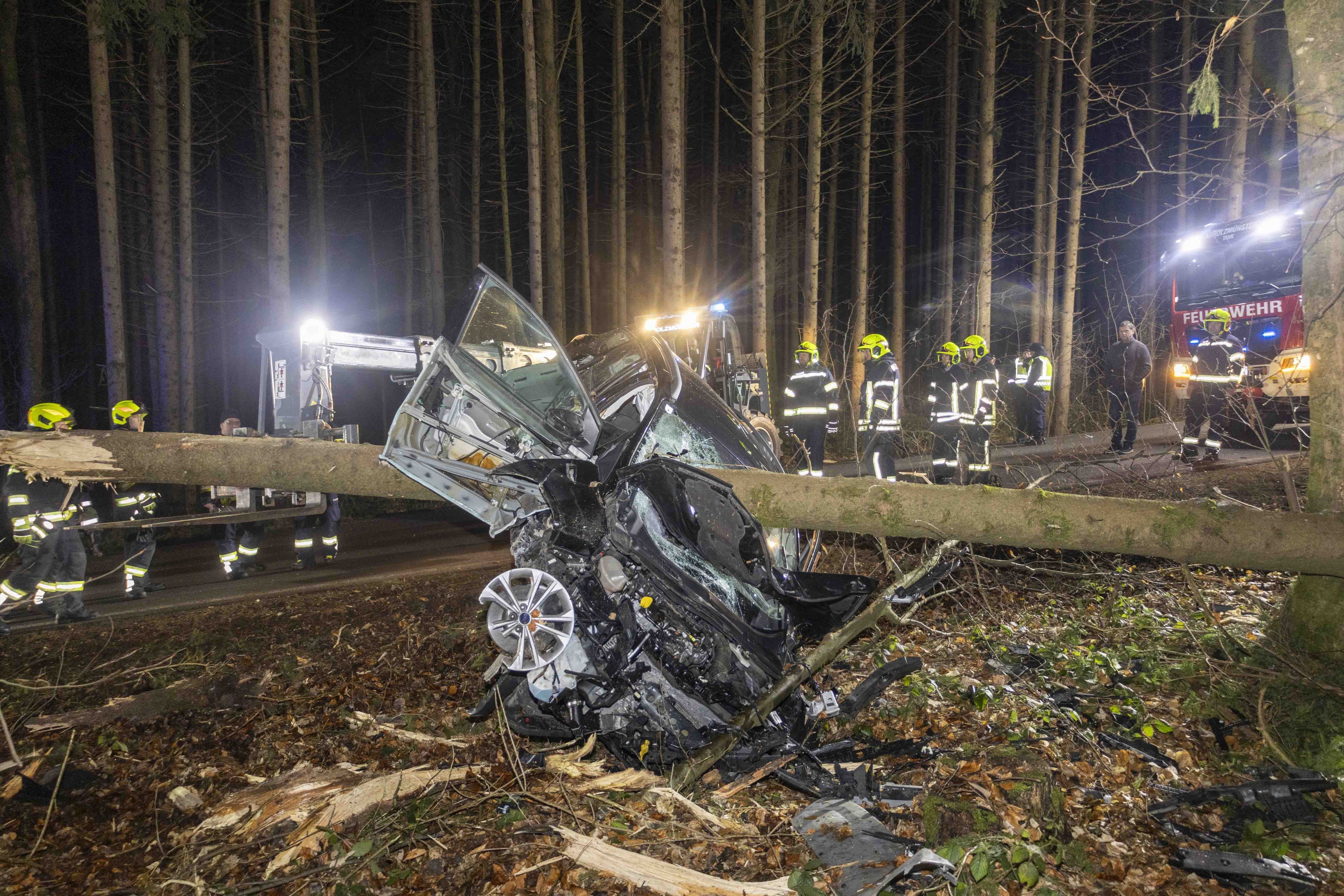 Feuerwehrleute stehen um ein Auto herum, das von einem Baumstamm durchbohrt im Wald liegt.