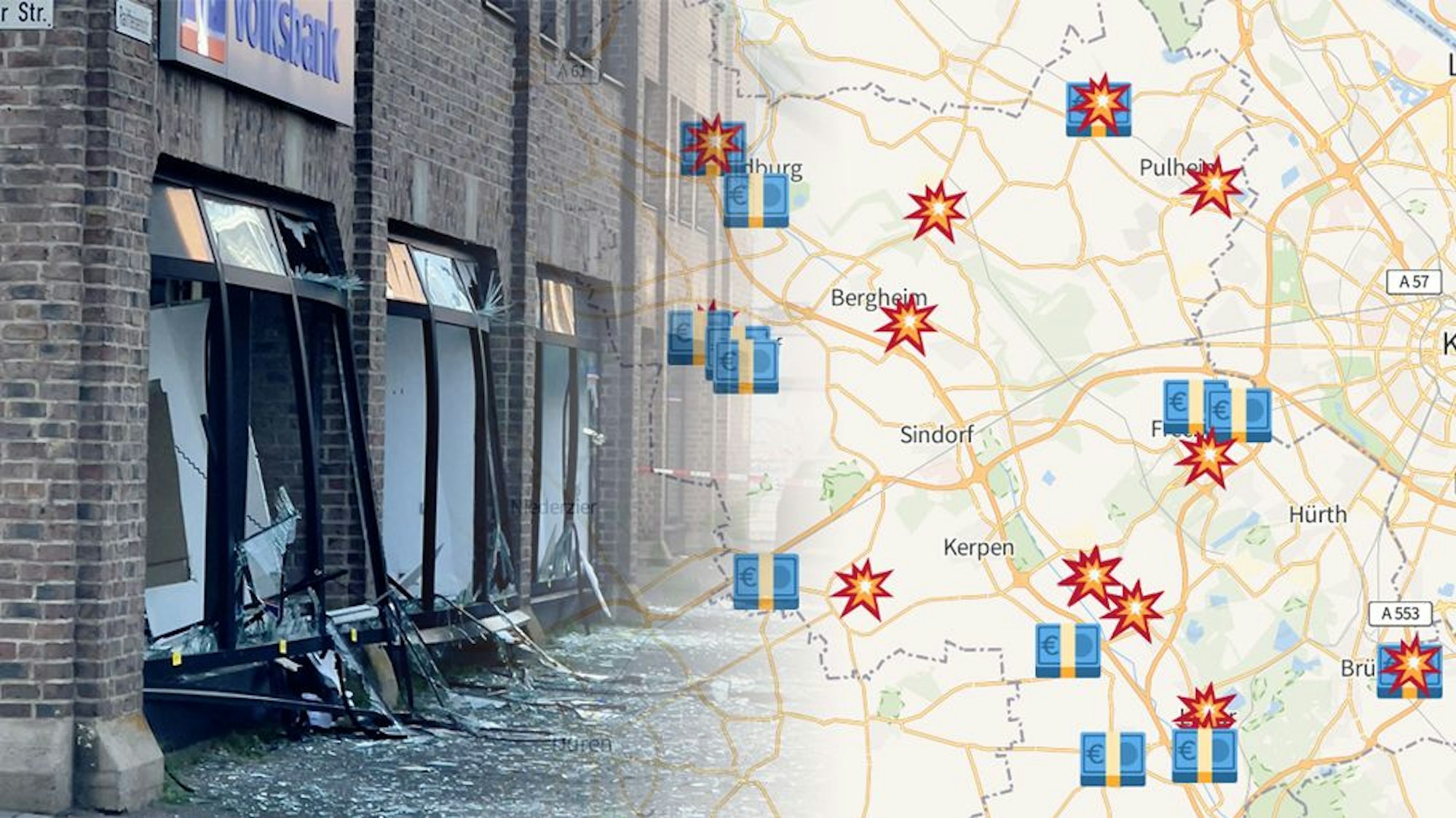 Wie gewaltig die Sprengkraft sein kann, zeigt sich beim Blick auf das Trümmerfeld an der Volksbank-Filiale in der Erftstädter Raiffeisenstraße im September 2023.