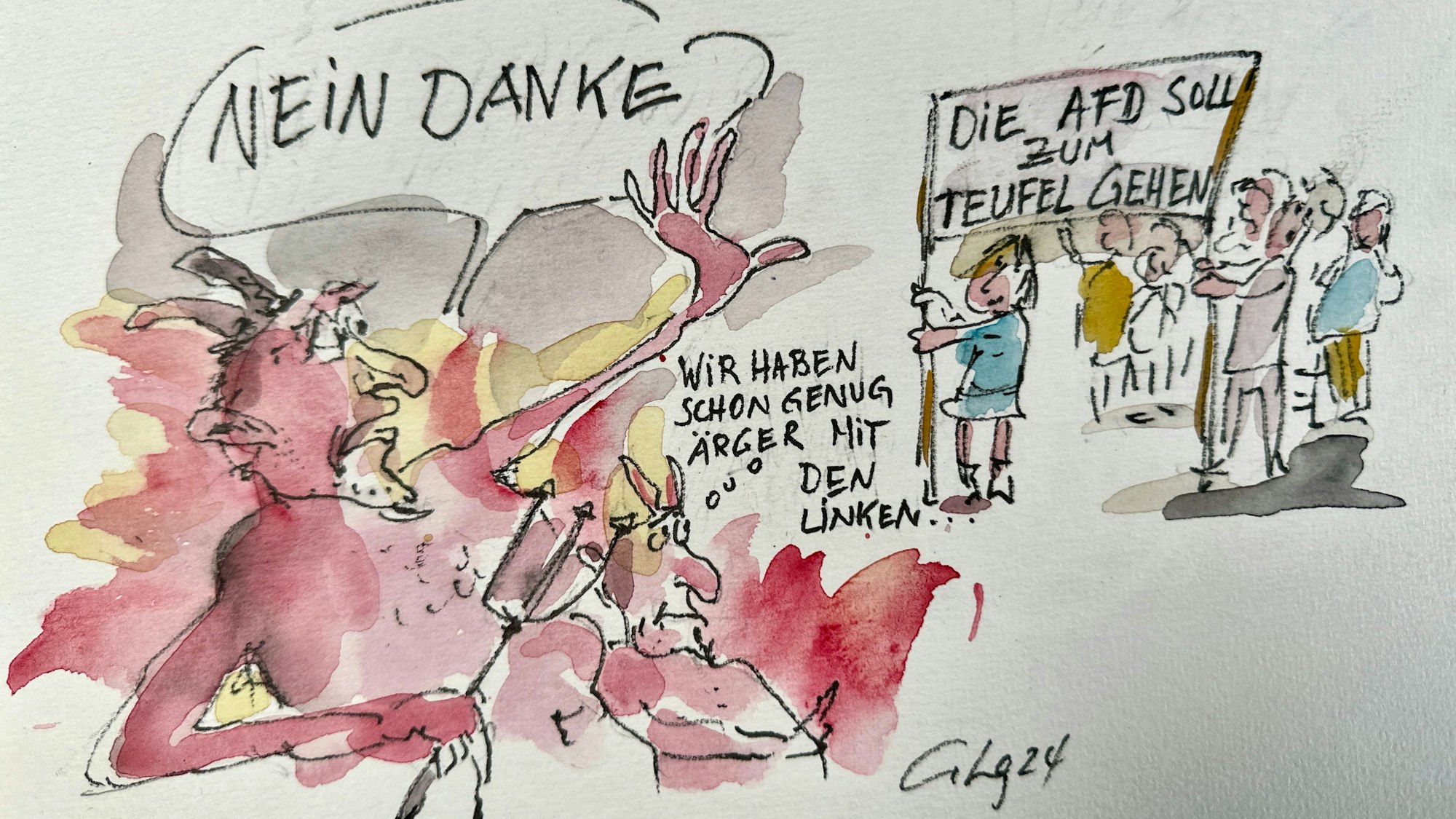 Die Künstlerin Gerda Laufenberg hat sich für ihre kleinen Skizzen das Parteibuch der AfD vorgenommen.