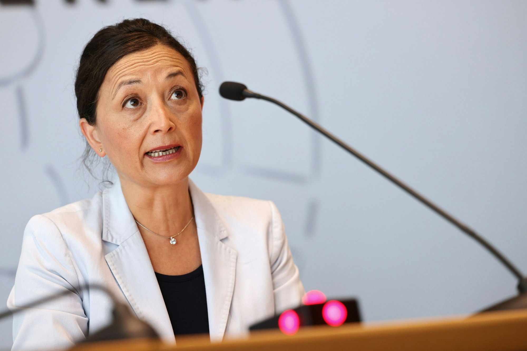 Ayla Çelik, Vorsitzende der Gewerkschaft Erziehung und Wissenschaft (GEW) in Nordrhein-Westfalen, spricht auf einer Pressekonferenz im Landtag. Çelik äußerte sich zum zum Start des Kita- und Schuljahres in der kommenden Woche. Foto: Oliver Berg/dpa +++ dpa-Bildfunk +++