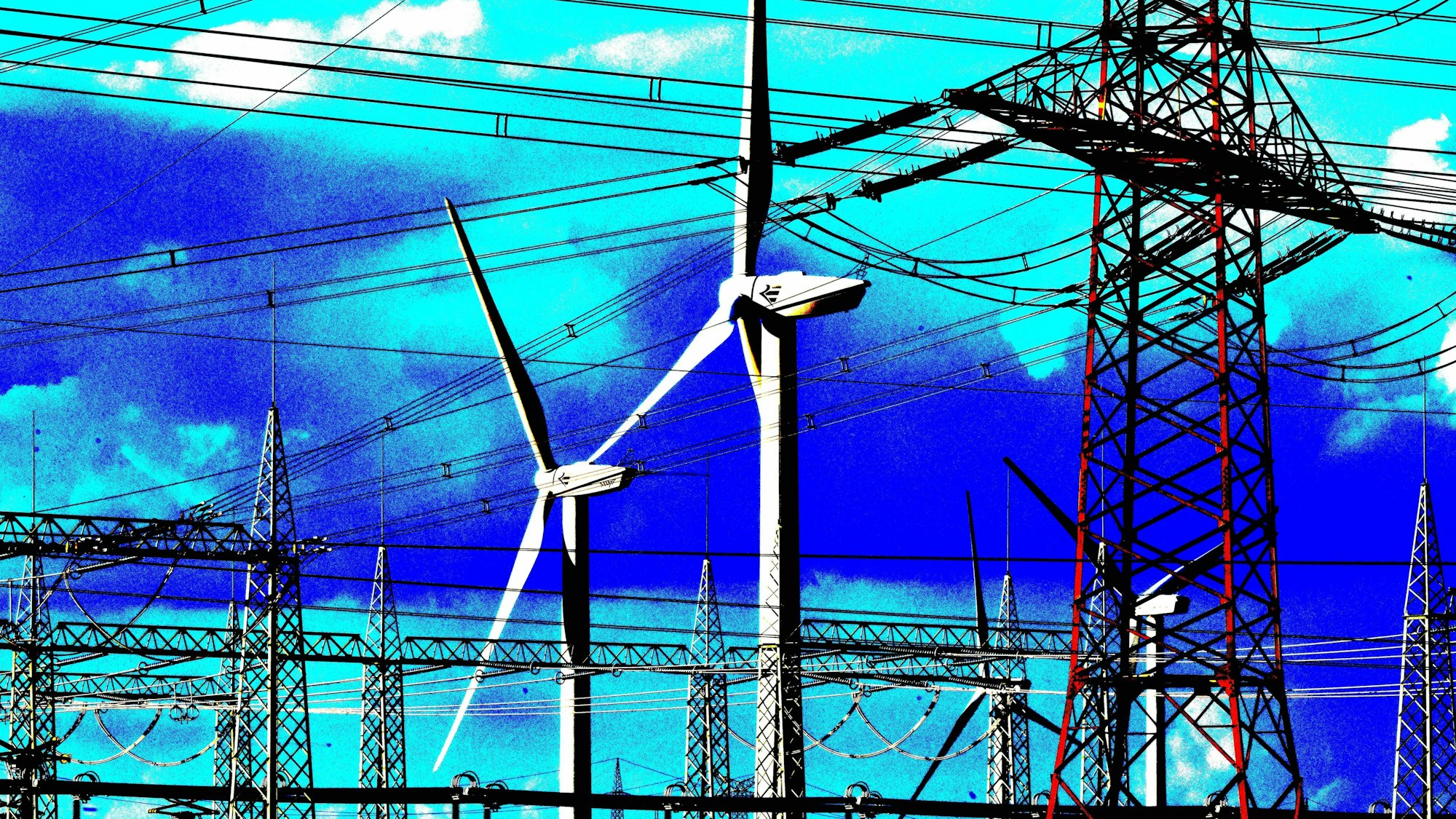 Laut einer Umfrage stehen Bergheimer  Windkraftanlagen grundsätzlich offen gegenüber, ein Symbolbild mit Stromleitungen und Windkraftanlagen ist zu sehen.