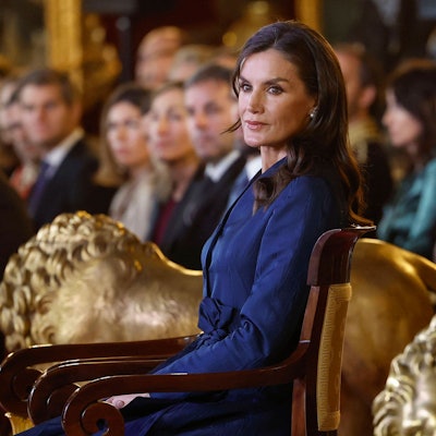 Die spanische Königin Letizia während des offiziellen Empfangs nach einer königlichen Audienz für den diplomatischen Dienst im Königspalast von Madrid.