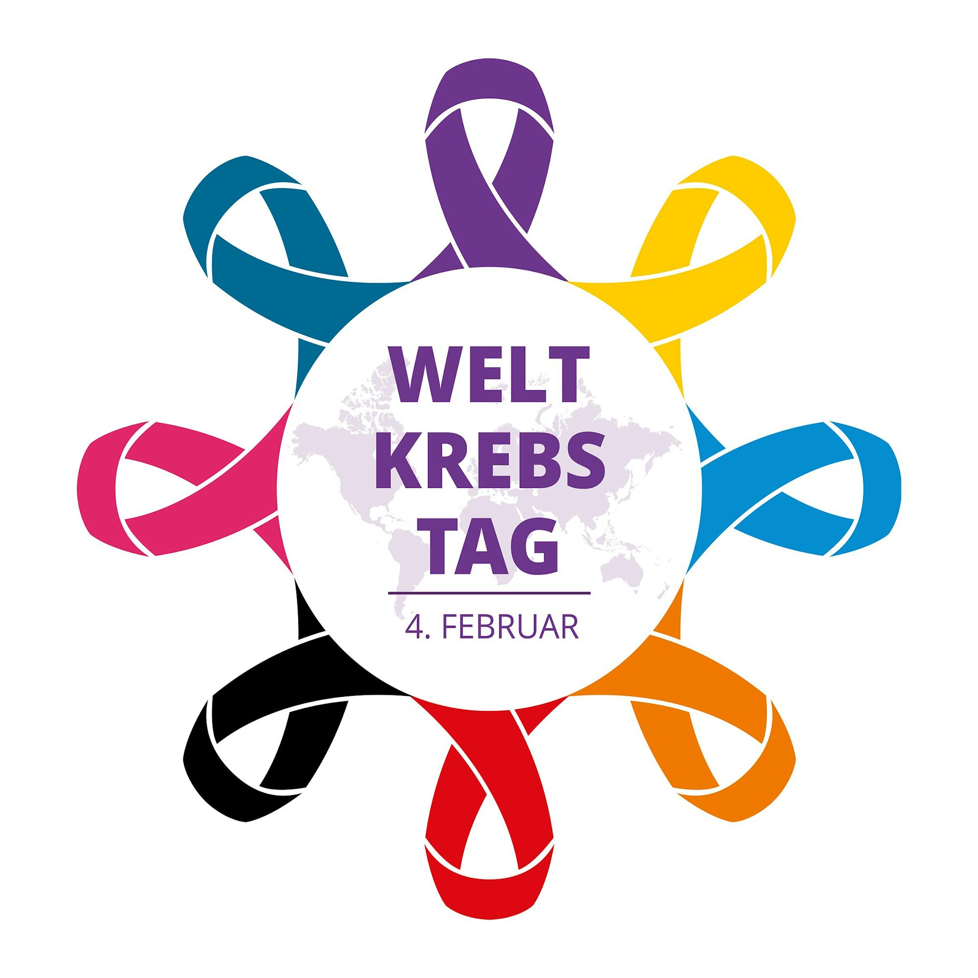 Ein Logo zum Weltkrebstag am 4. Februar zeigt bunte Schlauen, die einen Kreis bilden, in der Mitte steht Weltkrebstag zu lesen.