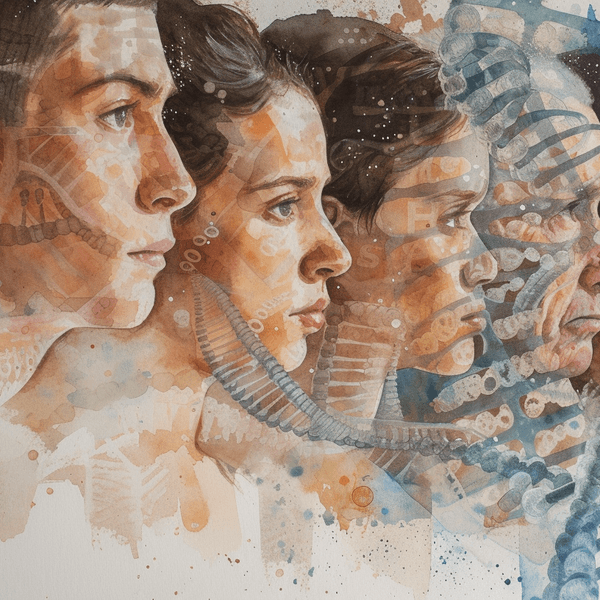Illustration: Alte und junge Menschen in einer Reihe, eine DNA-Doppelhelix im Hintergrund.