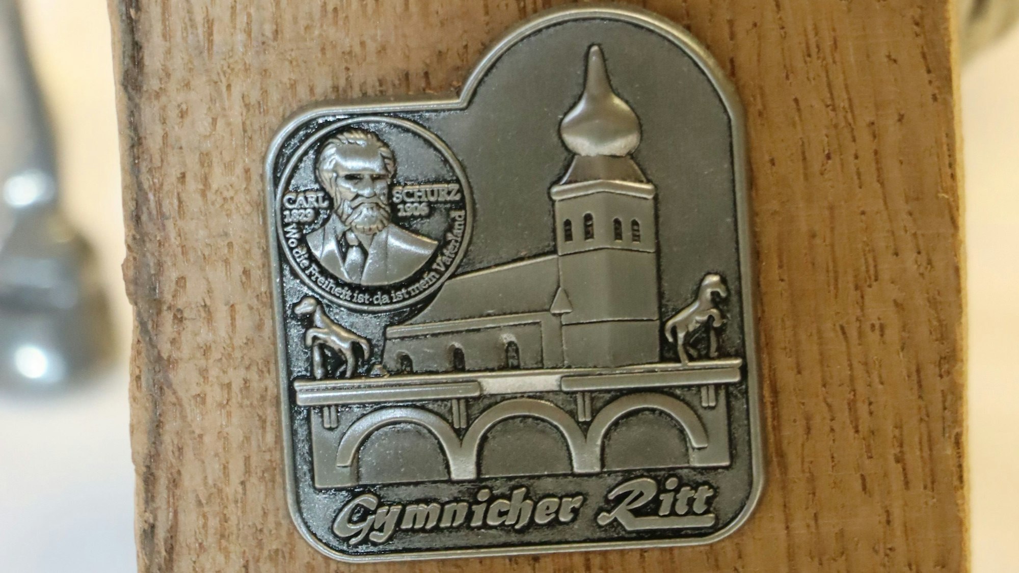 Zu sehen ist ein Pin auf einem Stück Holz.