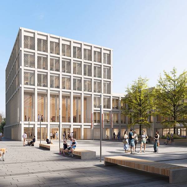 Eine Visualisierung zeigt ein Gebäude mit hohen Fenstern.