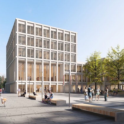 Eine Visualisierung zeigt ein Gebäude mit hohen Fenstern.