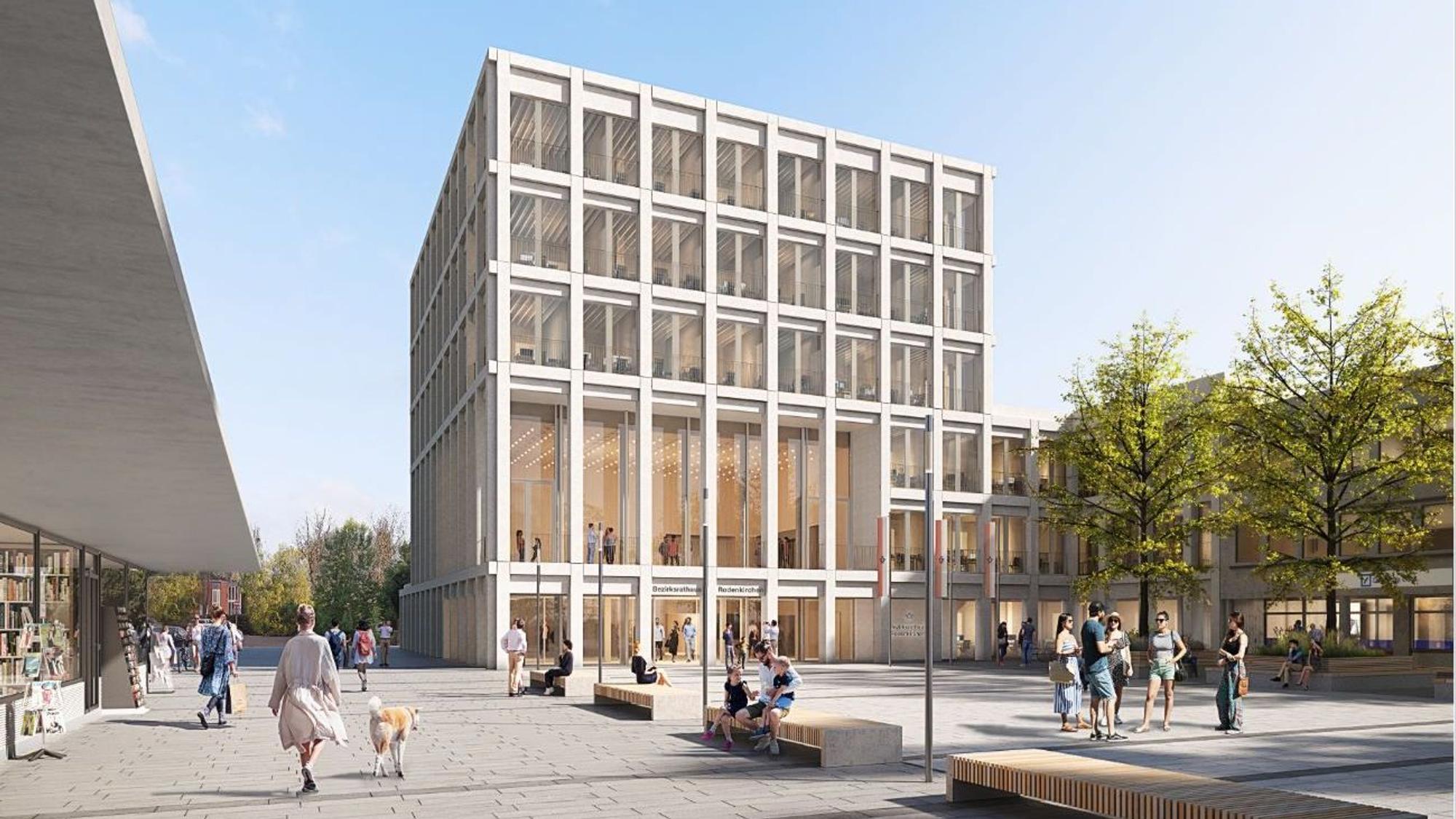 Eine Visualisierung zeigt ein Gebäude mit hohen Fenstern.