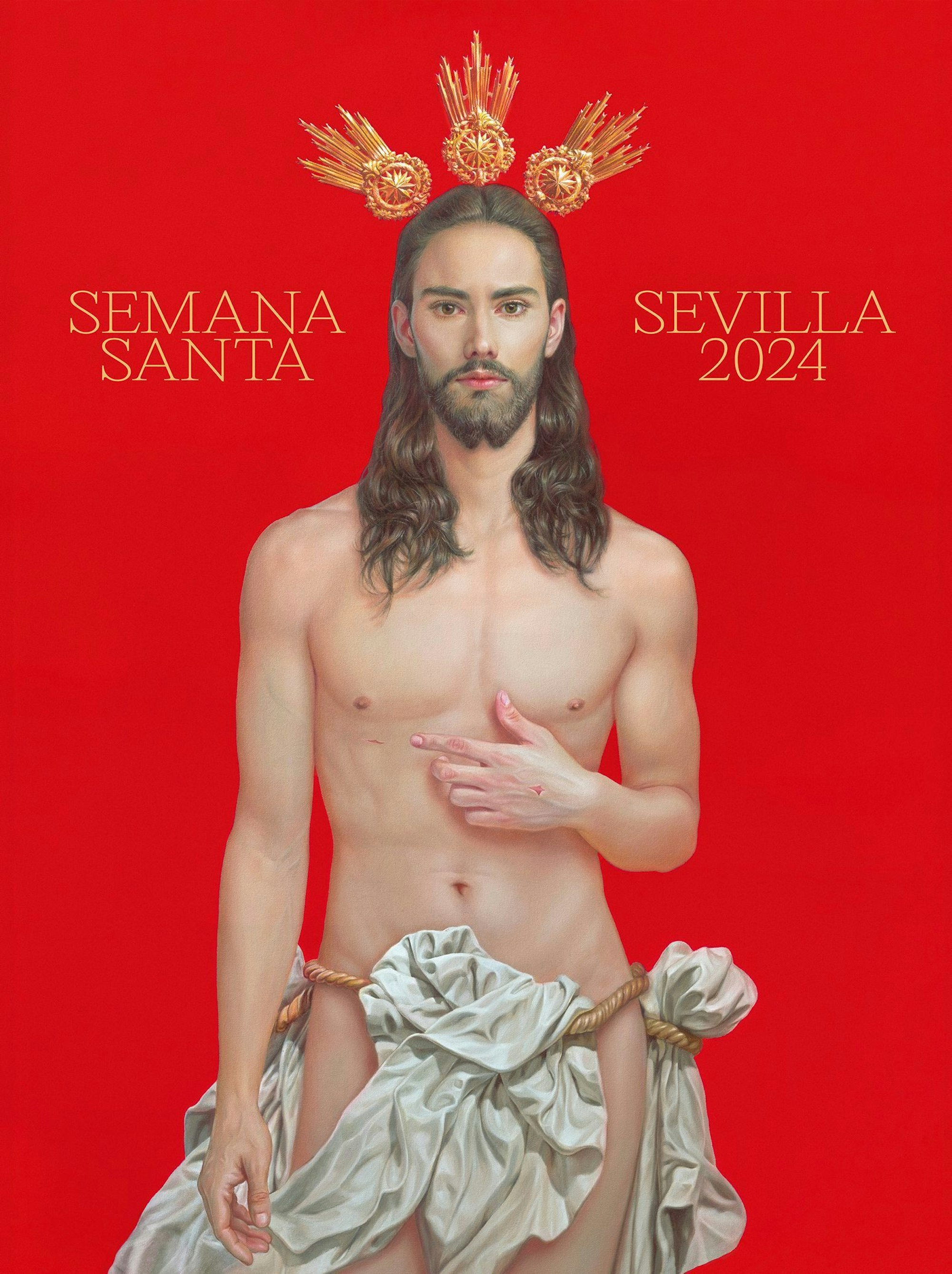 Spanien, Sevilla: Auf diesem vom Consejo de Hermandades de Sevilla via AP veröffentlichten Foto ist das Plakat für die religiöse Oster-Karwoche in Sevilla 2024 abgebildet. Das Plakat des international anerkannten sevillanischen Künstlers Salustiano Garcia Cruz zeigt einen jungen, gut aussehenden, fitten und frisch aussehenden Jesus, der ein Leichentuch als Lendenschurz trägt. Es gibt keine Dornenkrone, kein leidendes Gesicht und nur zwei winzige Stichwunden an der Hand und am Brustkorb.