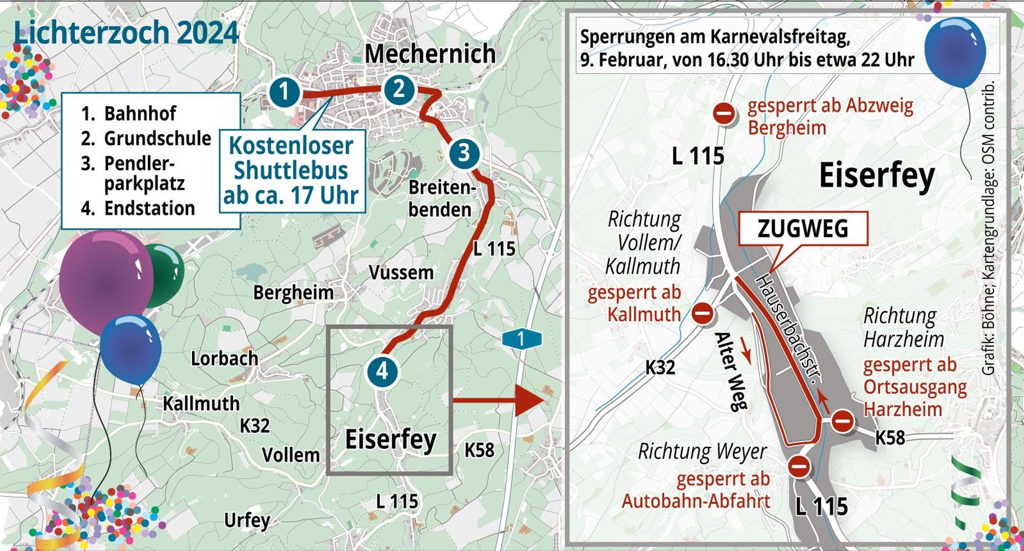 Die Grafik zeigt Parkplätze, Shuttlebus-Haltestellen und der Zochweg des Lichterzugs in Eiserfey
