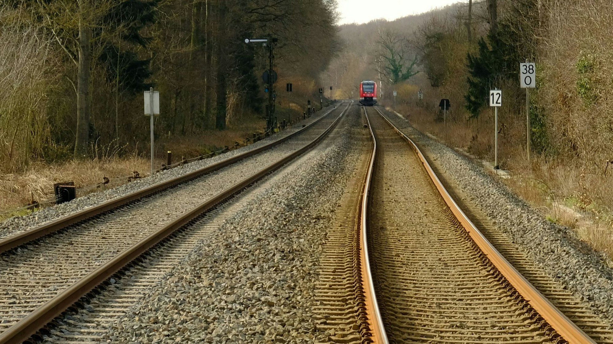 Ein zweigleisiger Abschnitt der Eifelstrecke bei Satzvey. Im Hintergrund ist ein sich nähernder Zug zu erkennen.