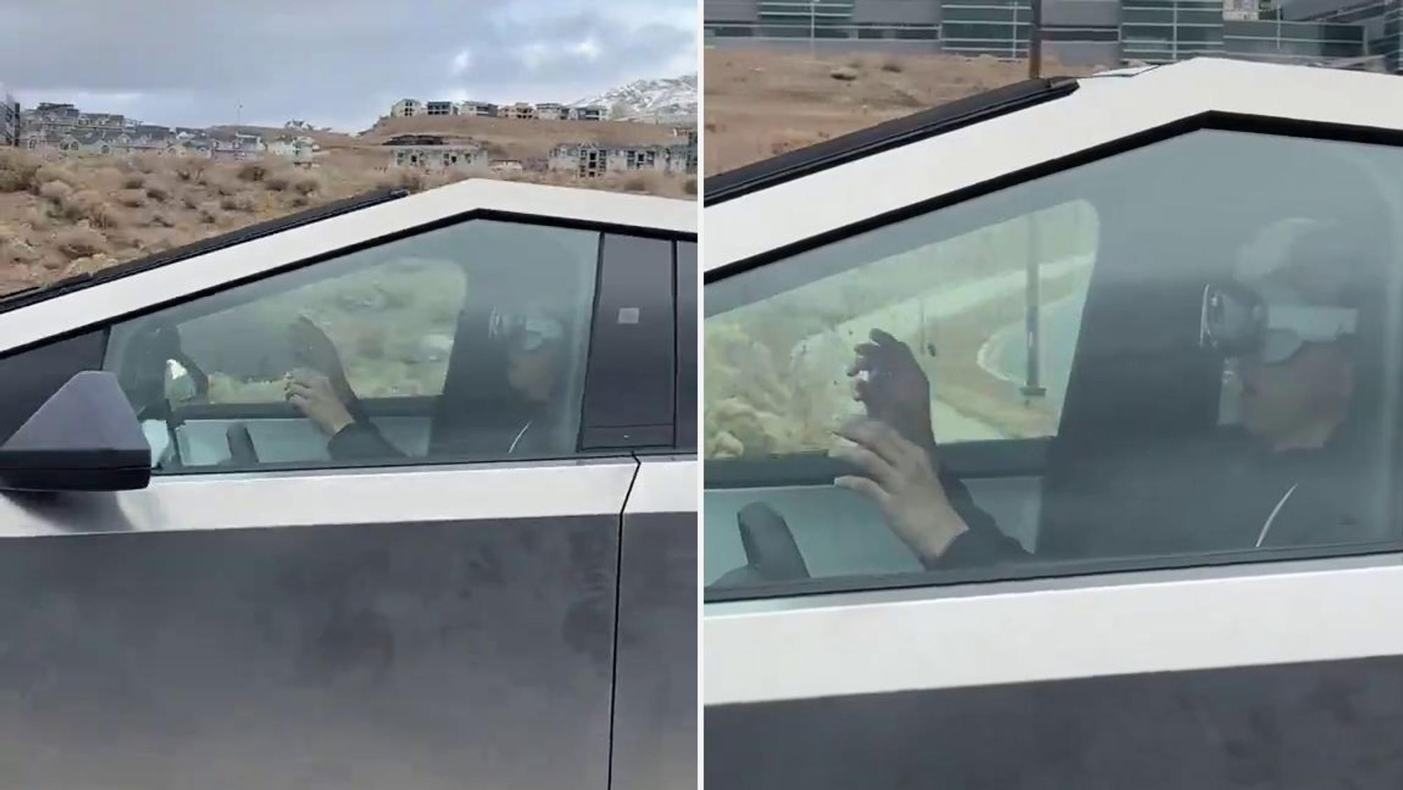 Mann benutzt Apple Vision Pro Brille beim Fahren eines Tesla Cybertrucks