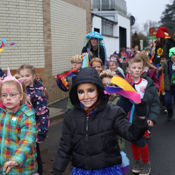 Das Bild zeigt mehrere kostümierte Kinder im Karnevalszug in Erftstadt-Blieshiem
