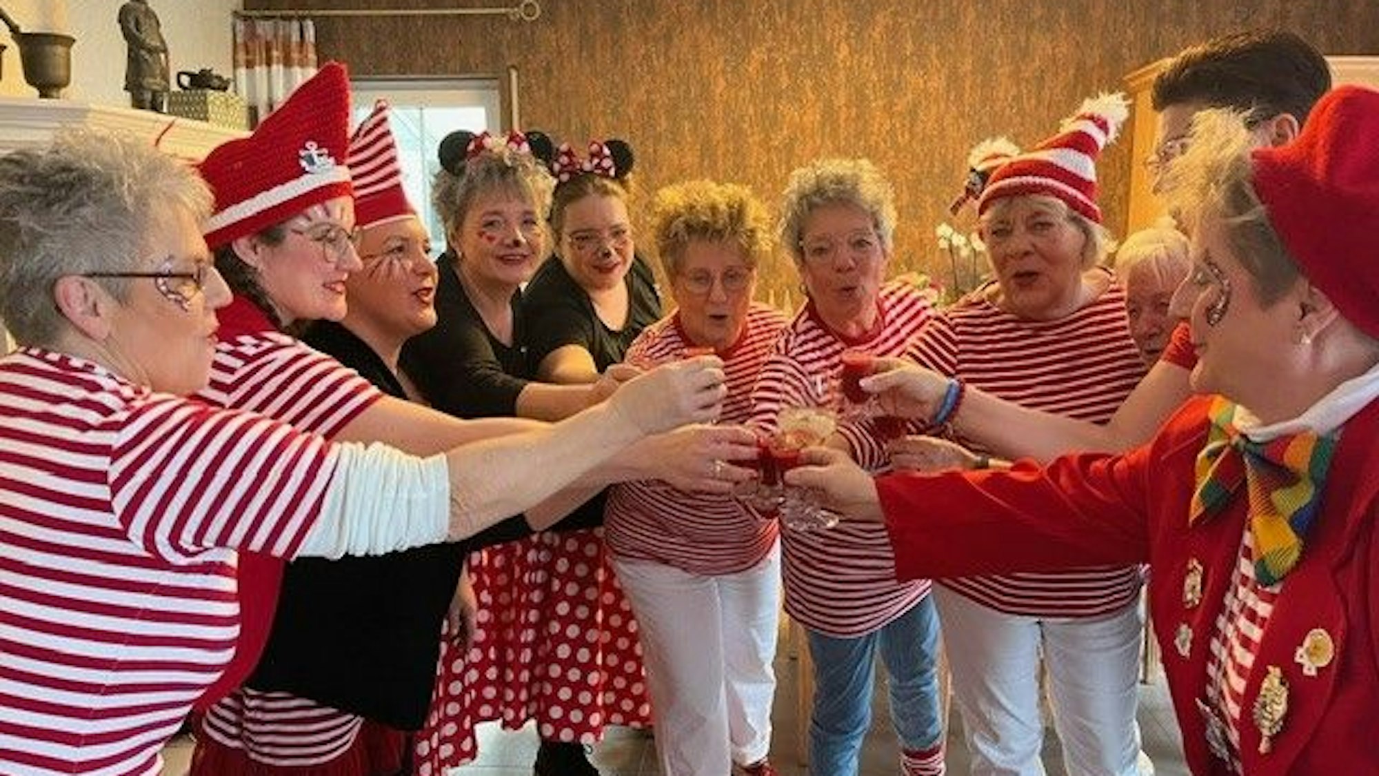 Eine Gruppe Frauen in Kostümen prostet sich zu.