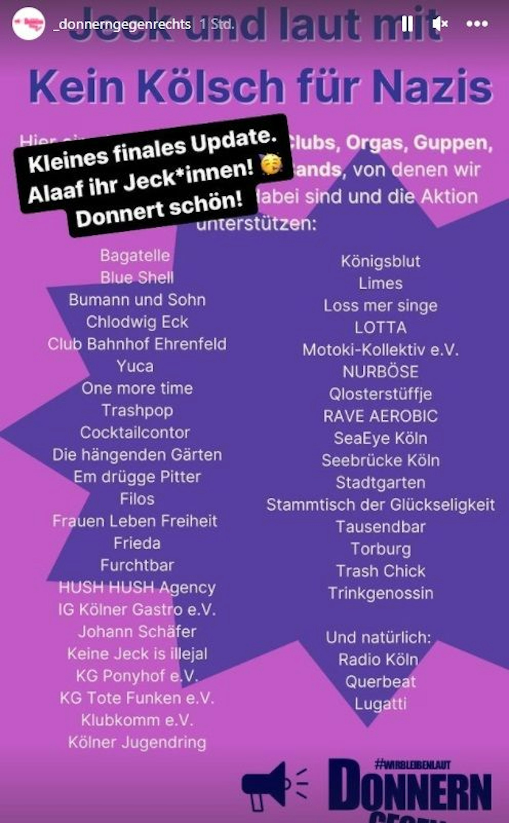 „Donnern gegen Rechts“: Teilnehmende Kneipen, Initiativen und KGs beim Zeichen gegen Rechts.