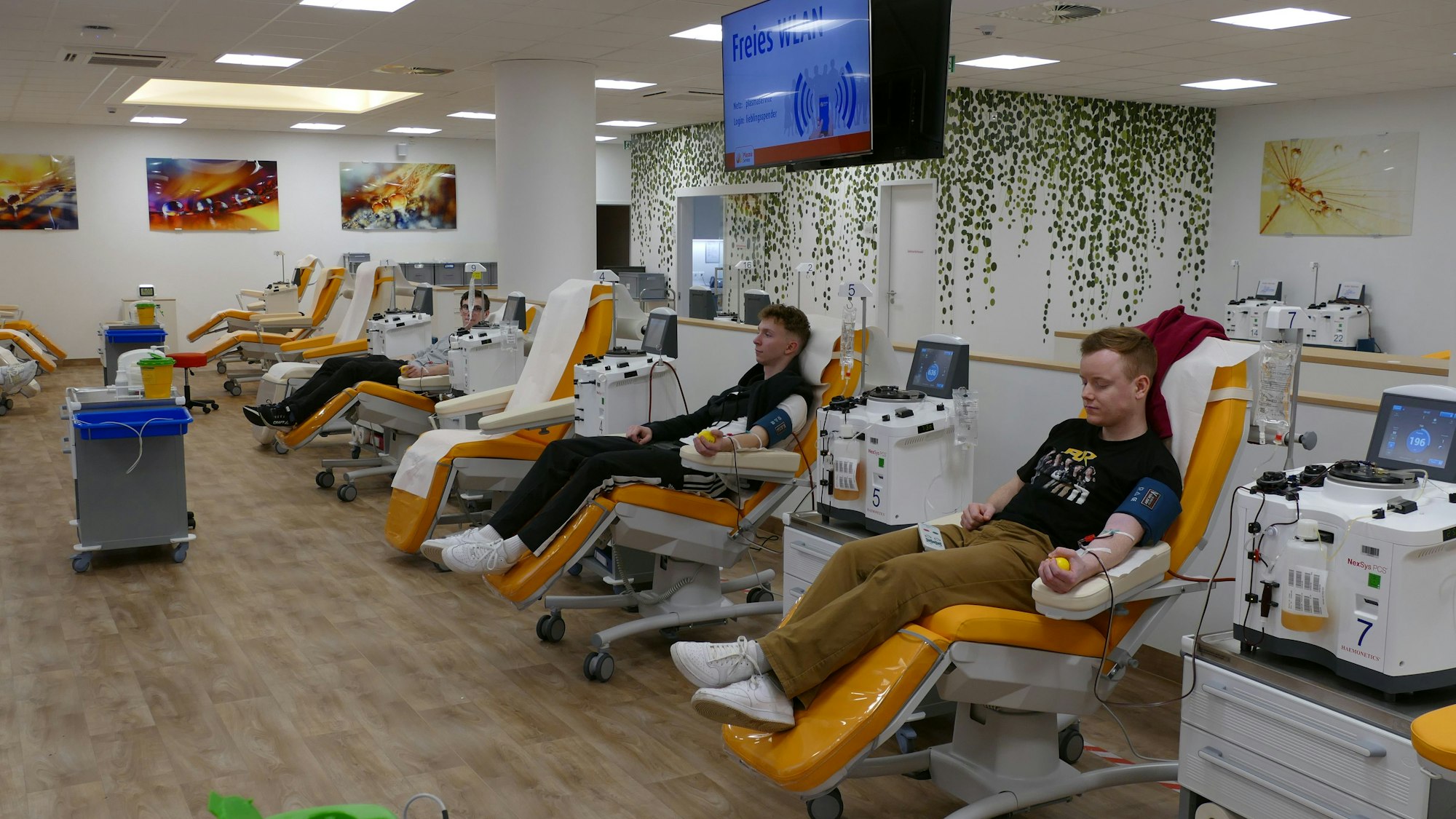 Blick in einen Raum, in dem viele Menschen Blut spenden.