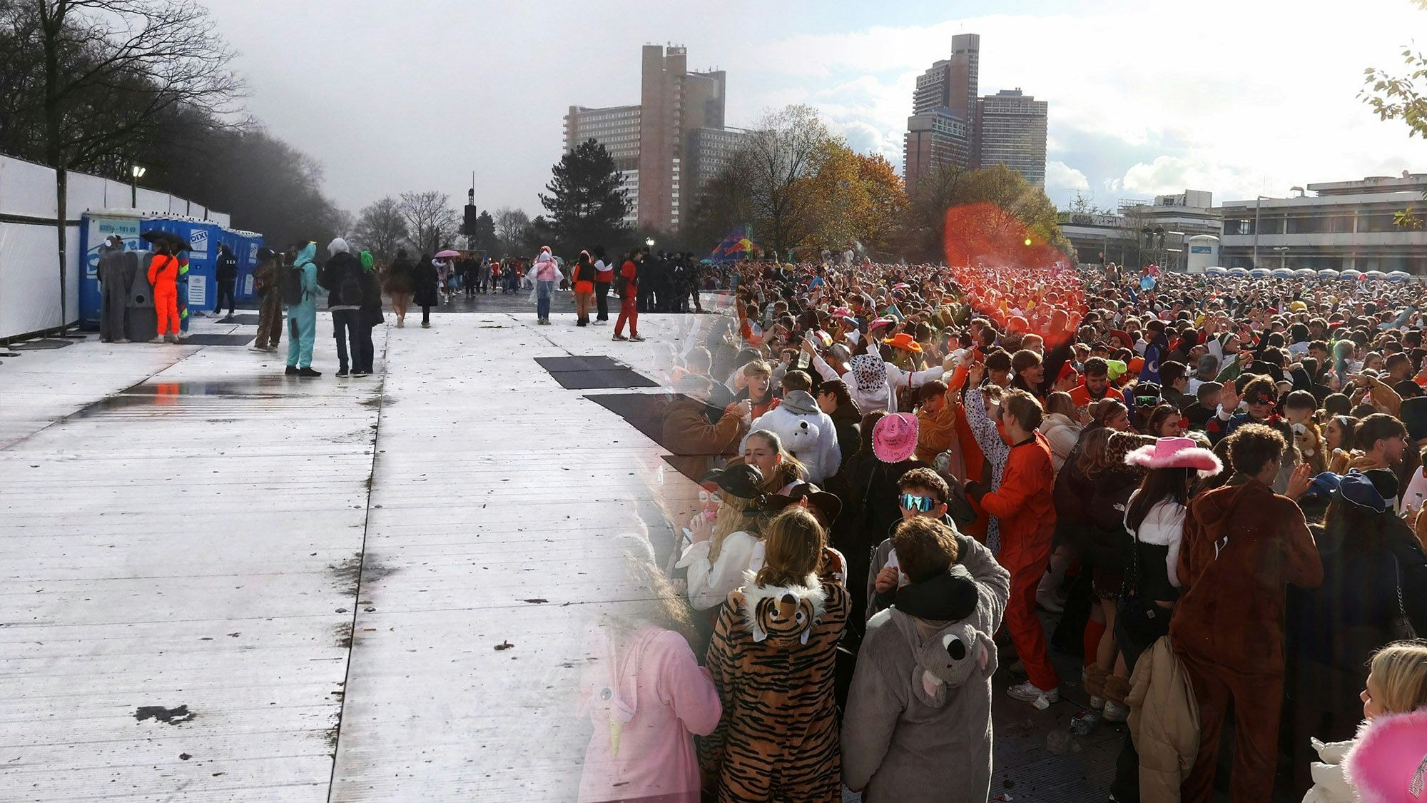 Auf dem Foto verlaufen die Aufnahmen der nahezu leeren Uniwiese an Weiberfastnacht 2024)und das Bild der mit tausenden Menschen gefüllten Platzfläche vom 11.11.2023 ineinander. Die Fotos zeigen ungefähr dieselbe Perspektive.